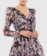 Black Floral Print Faux Wrap Long Sleeve Mini Dress - FINAL SALE